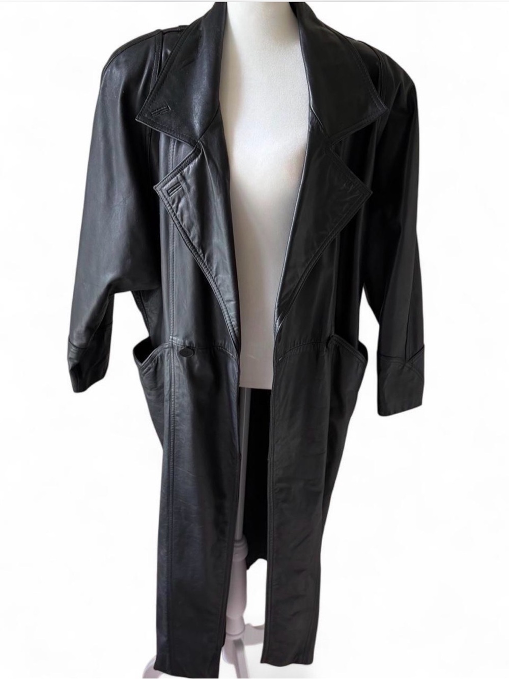 🕷️ VINTAGE 80s/90s WINLIT BLACK LEATHER TRENCH COAT-  size small